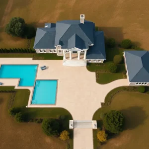 Aerial view of the luxurious estate in Shreveport with large grounds and beautiful amenities.