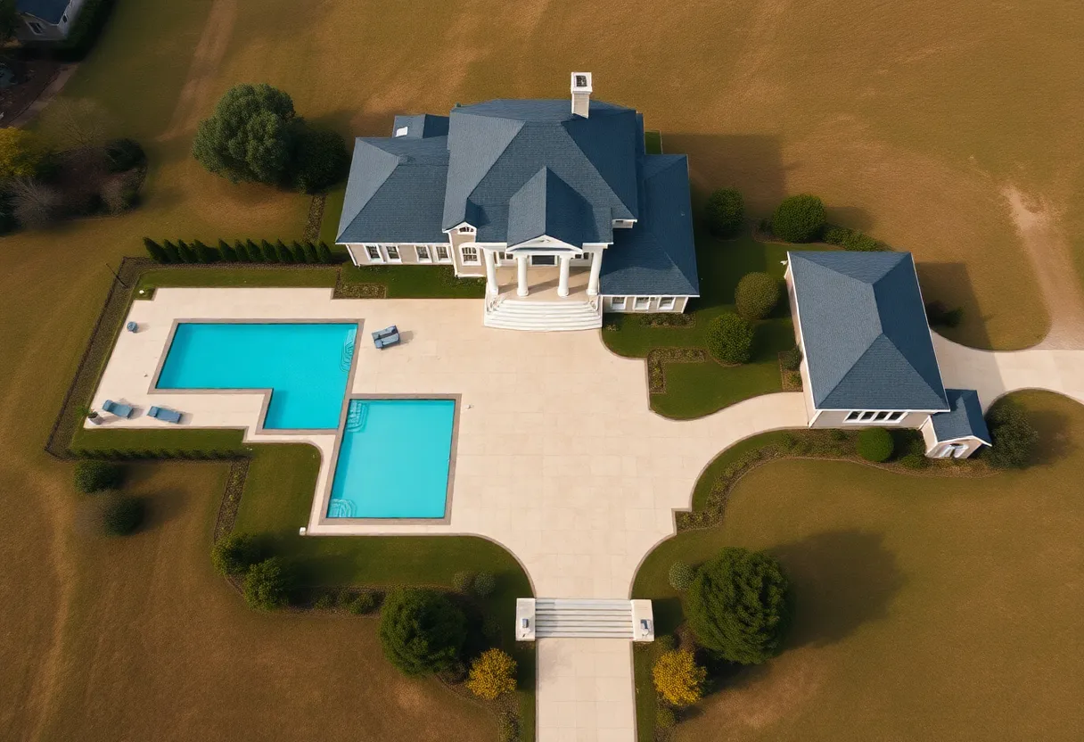 Aerial view of the luxurious estate in Shreveport with large grounds and beautiful amenities.