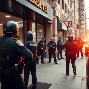 Police officers managing a situation outside a store.