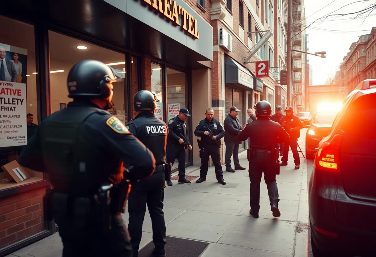 Police officers managing a situation outside a store.