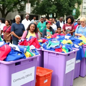 Community members participating in a school uniform donation drive.
