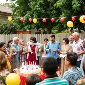Community celebration for a 110th birthday with decorations and people gathered outside a home.
