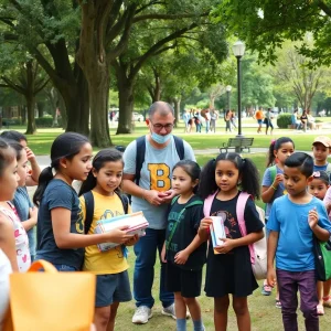 Children receiving school supplies and uniforms at a Shreveport community event.