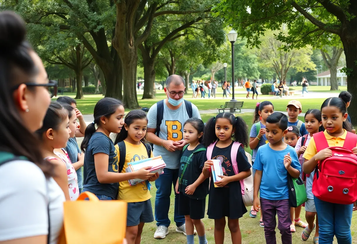 Children receiving school supplies and uniforms at a Shreveport community event.