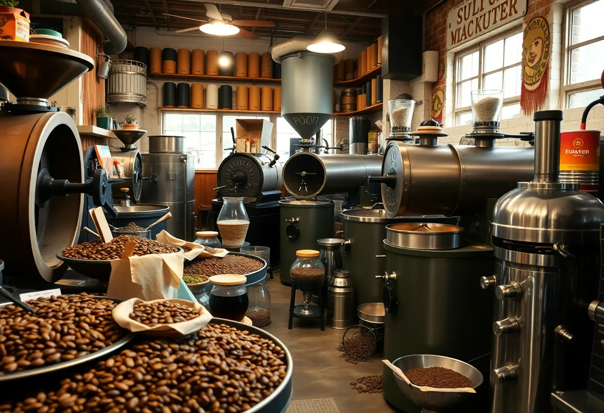 Local coffee roasters showcasing their products and roasting equipment in Shreveport.