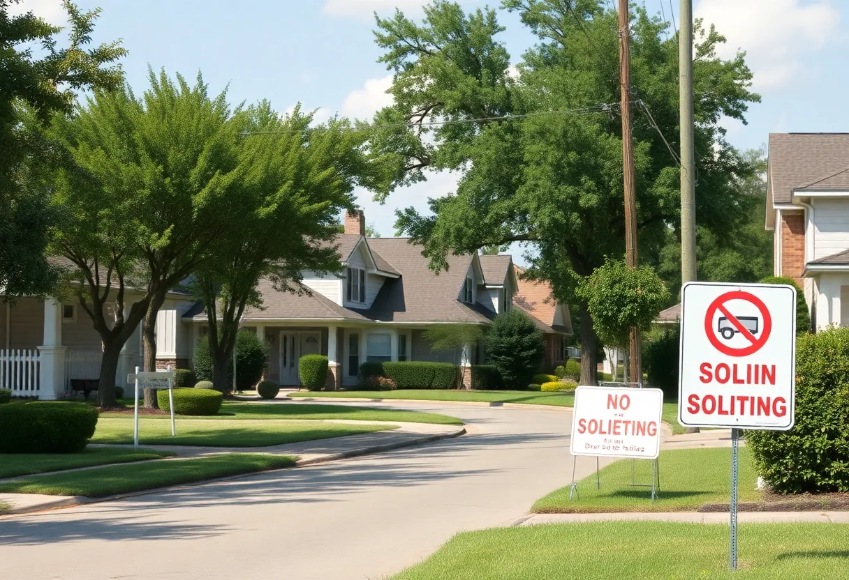 Neighborhood street in Shreveport with No Soliciting signs