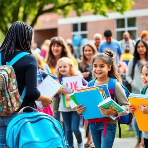 Families receiving free school supplies at a community event in Shreveport