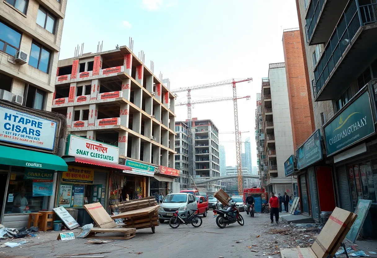 Construction site for the SpringHill Suites in Shreveport with visible debris and postponed work.