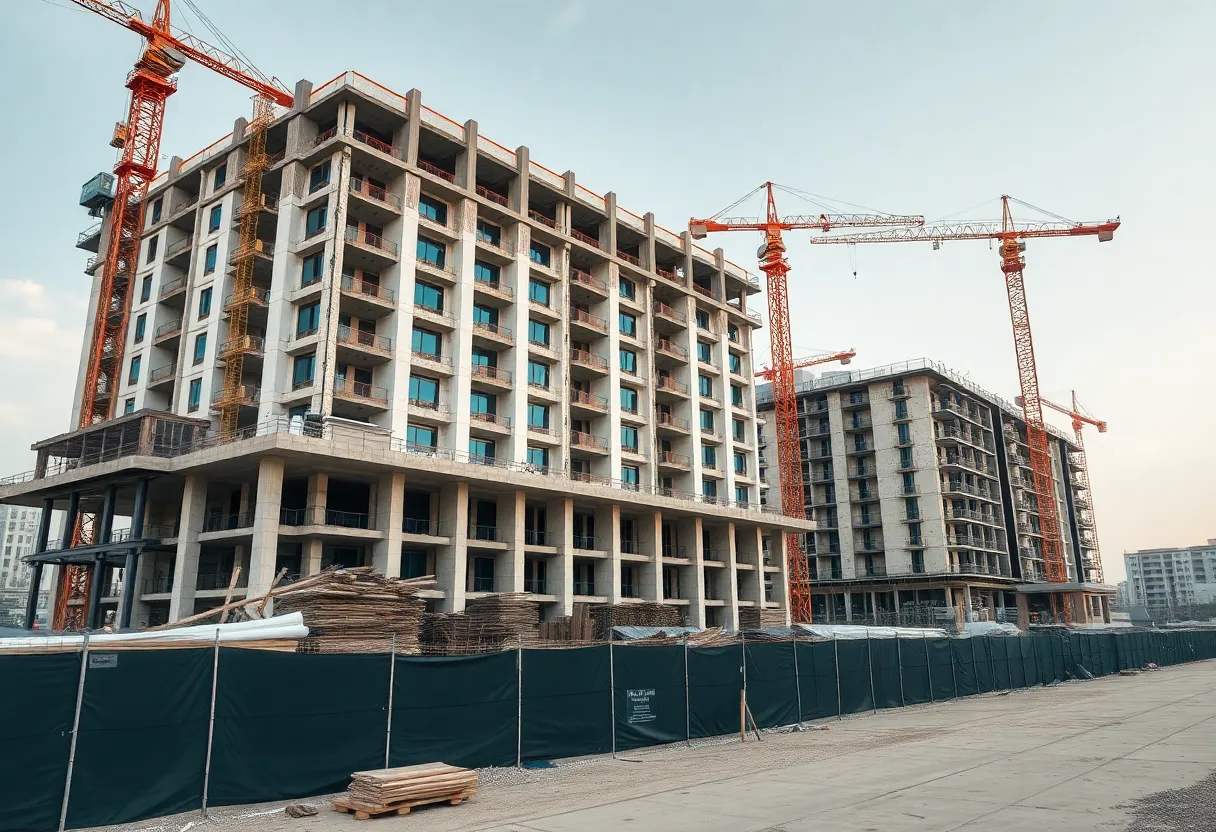 Construction site of the Shreveport dual hotel project with cranes and materials present.