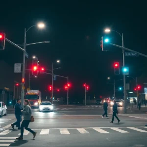 Nighttime view of a Shreveport intersection with minimal lighting and pedestrian crosswalks.
