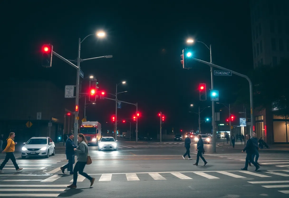 Nighttime view of a Shreveport intersection with minimal lighting and pedestrian crosswalks.