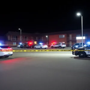 Police vehicles and caution tape at a motel crime scene in Shreveport