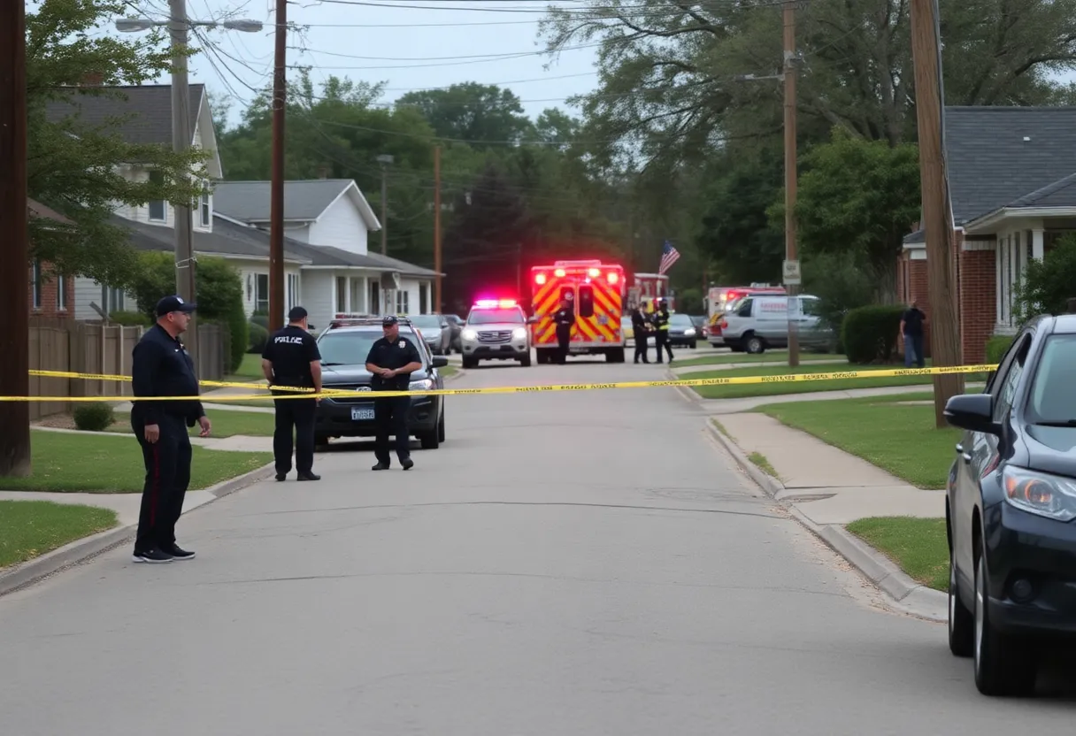 A peaceful street in Shreveport with police presence and emergency responders.