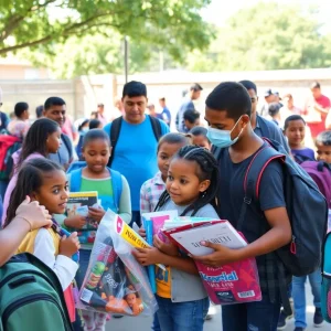 Children receiving school supplies at a giveaway event in Shreveport