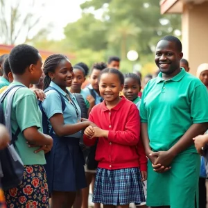 Families receiving school uniforms at a giveaway event in Shreveport