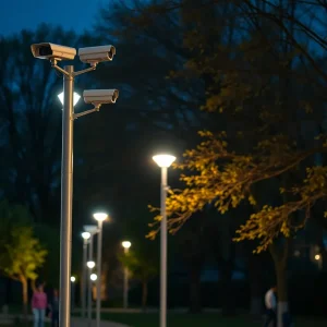 Surveillance cameras mounted on poles in Ford Park