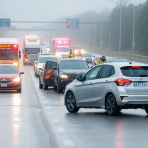 Major traffic accident scene on I-220 in Shreveport during rainy weather