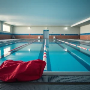 A calm swimming pool with safety equipment visible, symbolizing the need for safety in communal swimming areas.