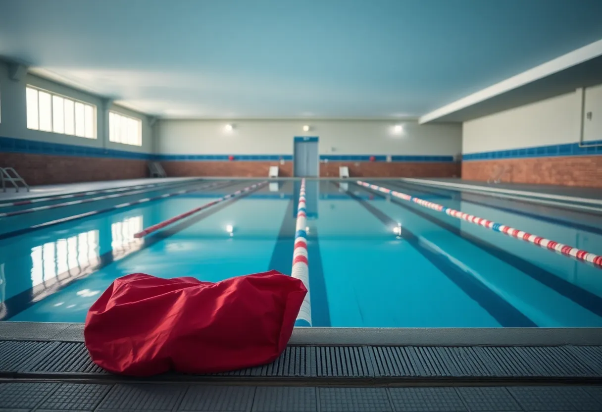 A calm swimming pool with safety equipment visible, symbolizing the need for safety in communal swimming areas.