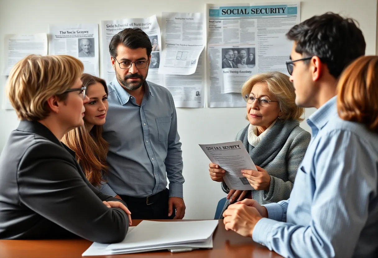 People discussing Social Security policy with government documents