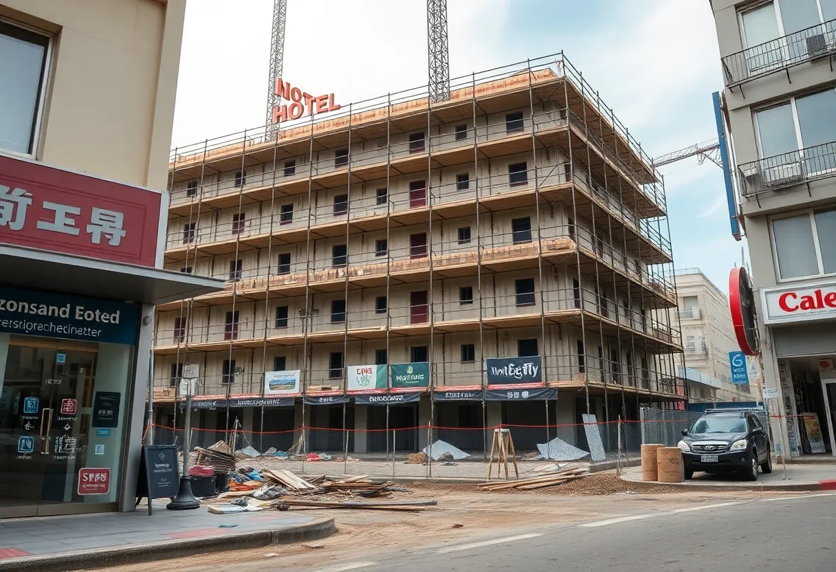 A view of the SpringHill Suites construction site in Shreveport, showing unfinished structures and surrounding businesses.
