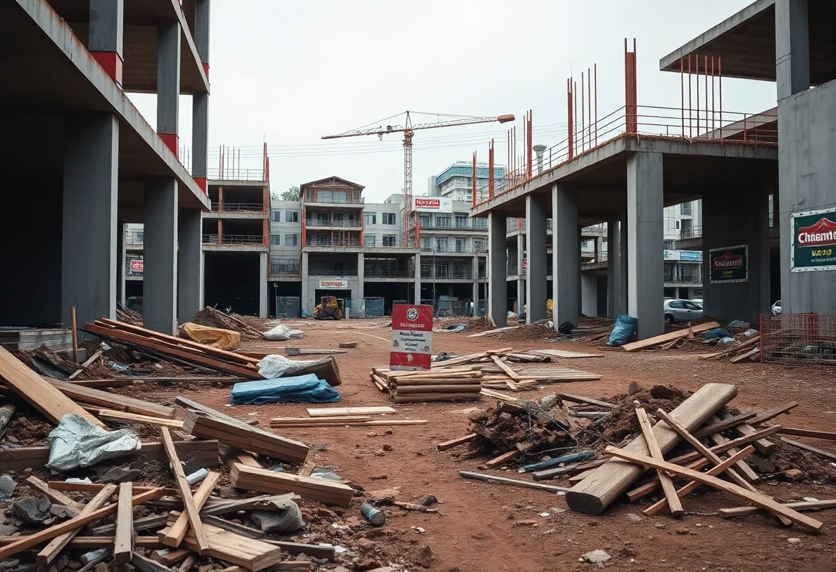 Construction site for SpringHill Suites in Shreveport, showcasing delays and debris.