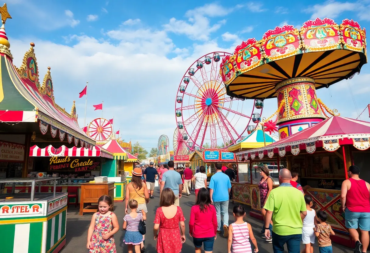 Families enjoying the State Fair Louisiana with rides and food stalls