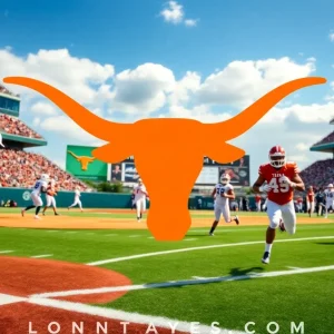 Texas Longhorns baseball and football players in action at a vibrant stadium