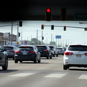 Vehicles stuck in traffic at a busy intersection in Shreveport