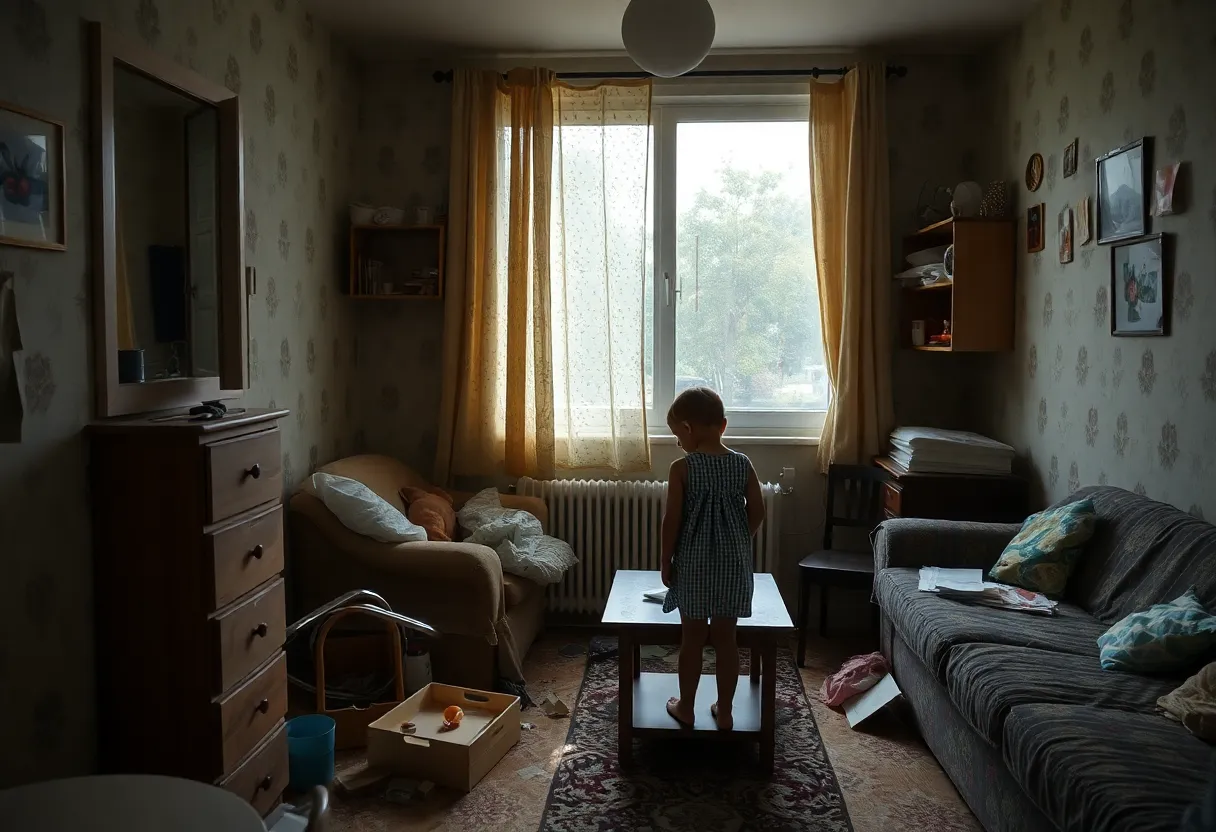 Living room of an apartment with clutter and signs of pest issues