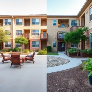 Exterior view of Village Square Apartments, highlighting living conditions.