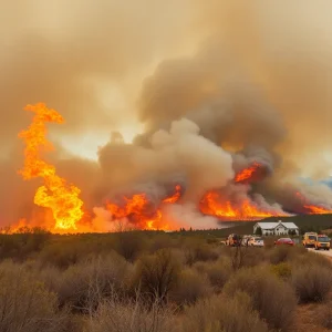 Wildfire burning near Grand Canyon National Park with smoke and flames.