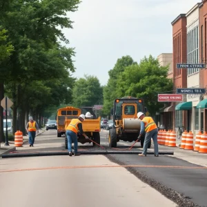 Construction workers repairing Youree Drive in Shreveport