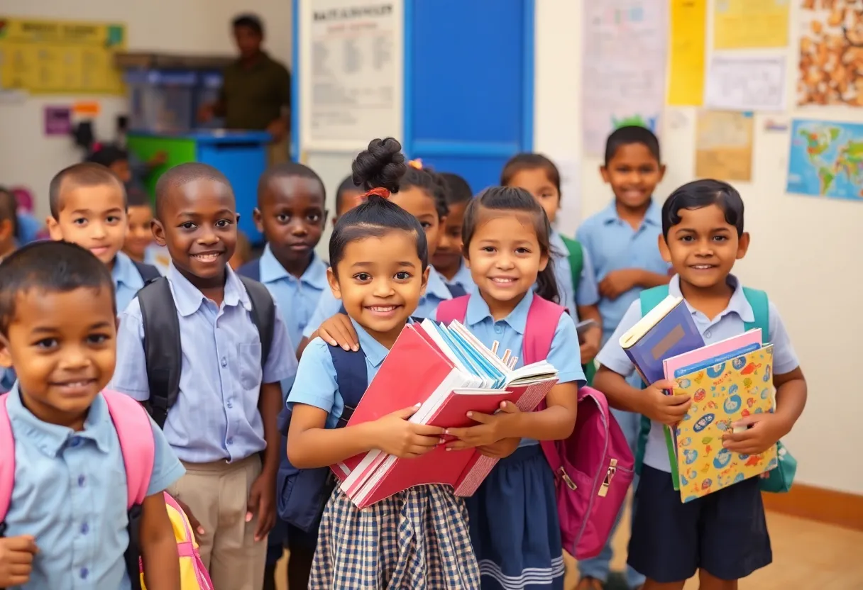 Children participating in a back-to-school drive receiving school supplies.