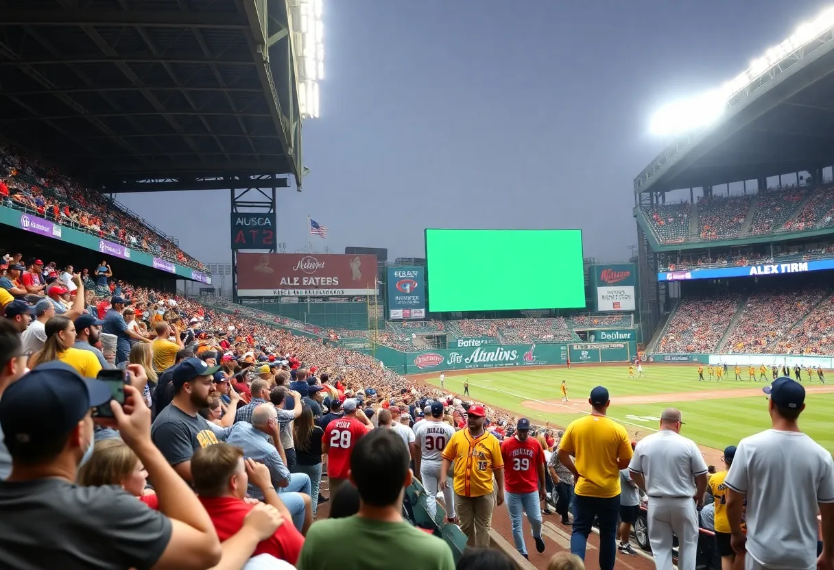 Fans enjoying the Banana Ball game at Alex Box Stadium