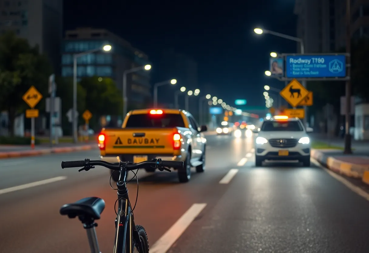 An empty street at night with a bicycle and vehicle markers indicating caution.