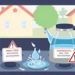 Kettle boiling water with a warning sign about boil water advisories.