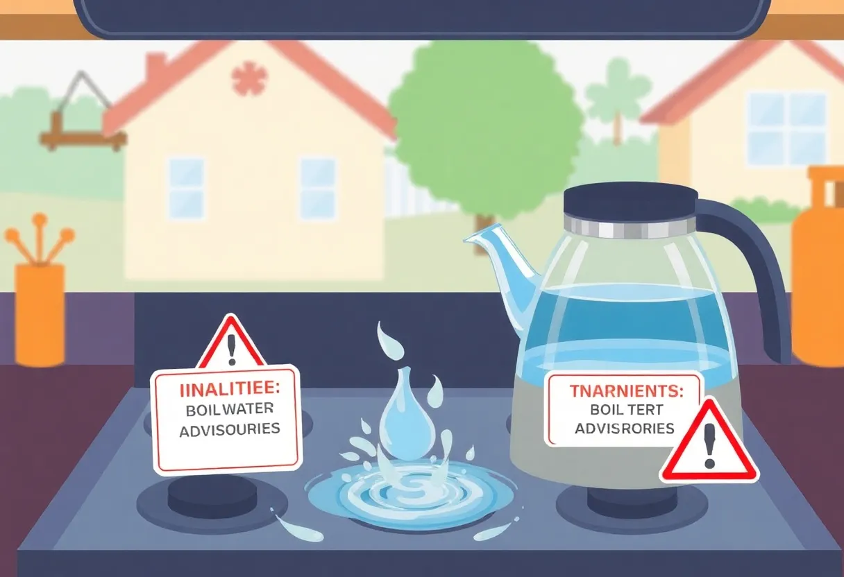 Kettle boiling water with a warning sign about boil water advisories.