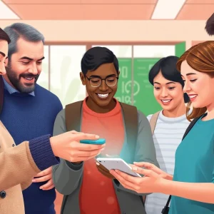 Families using a communication app in a school setting.