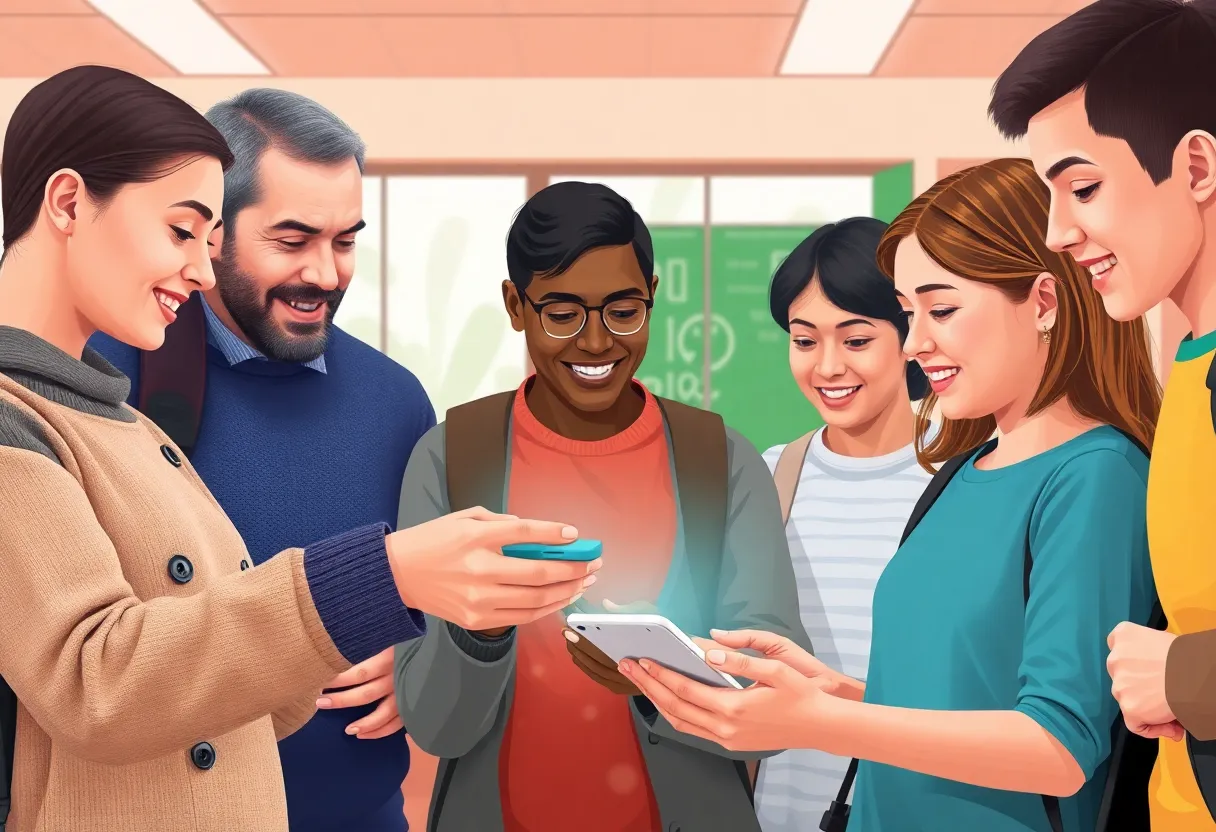 Families using a communication app in a school setting.