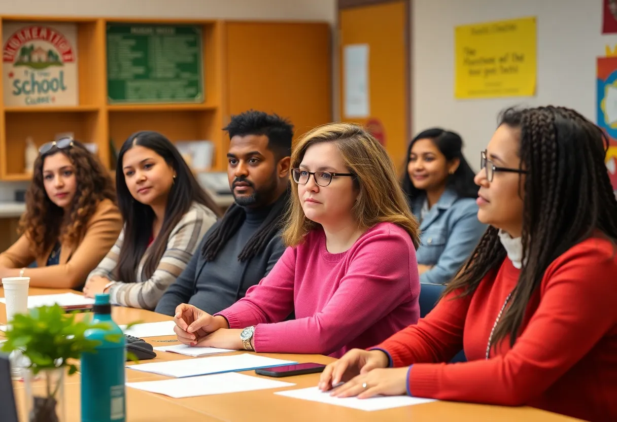 Diverse members of the Caddo Parish School Board in discussion during a meeting.
