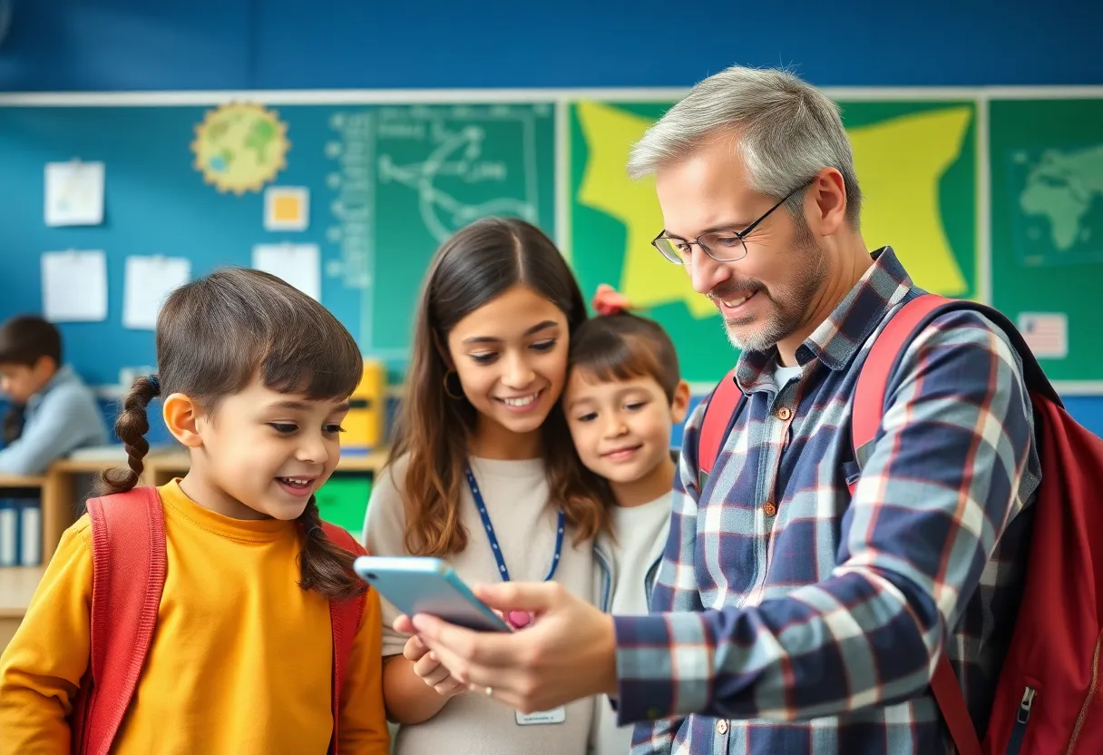 Illustration of parents and students using a school communication app