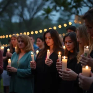 Community members holding candles at a vigil for a shooting victim in Shreveport.