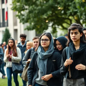 International students on university campus showing diversity and concern.