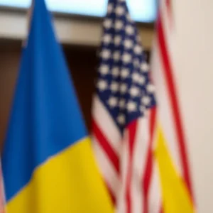 Diplomatic discussion representation with US and Ukraine flags