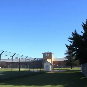 A scenic view of a Federal Prison Camp with greenery and buildings