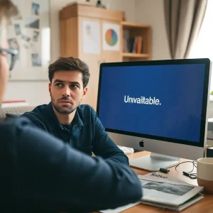 Person frustrated at a computer with an unavailable page message.