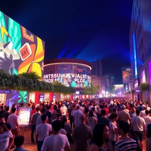 Conceptual design of the G-Dome in Shreveport, showcasing crowds at an entertainment venue.