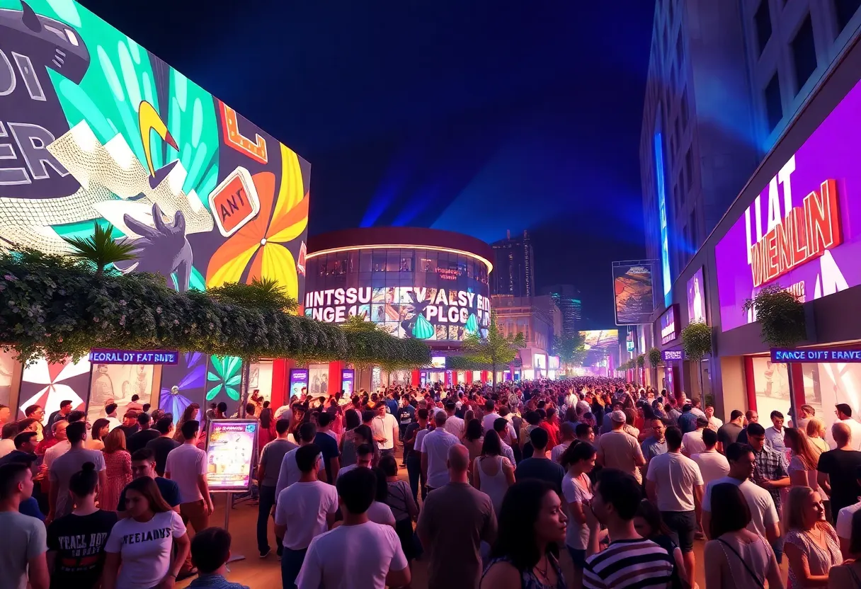 Conceptual design of the G-Dome in Shreveport, showcasing crowds at an entertainment venue.