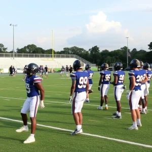 High school football players in Louisiana during scrimmages.